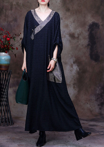 Black Patchwork Pocket Wrinkled Oriental Button Silk Dress Long Sleeve