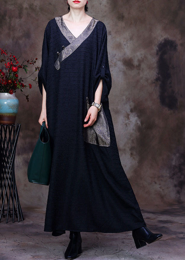 Black Patchwork Pocket Wrinkled Oriental Button Silk Dress Long Sleeve