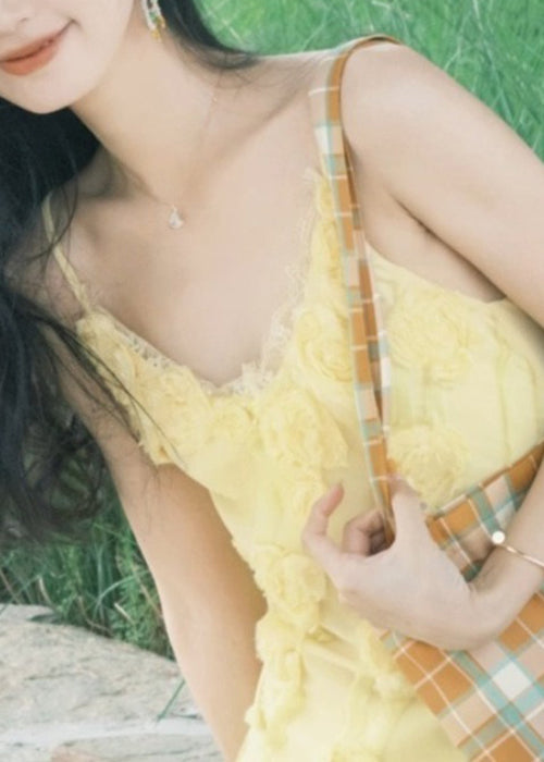 Yellow V Neck High Waist Spaghetti Strap Dress Sleeveless