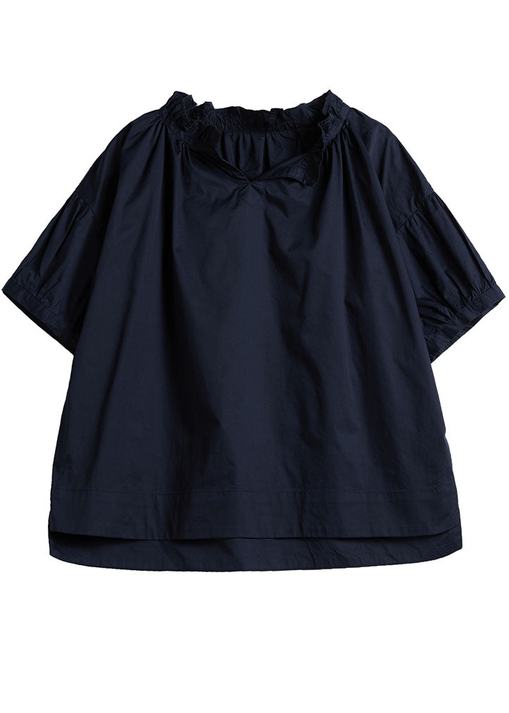 Loose Navy Ruffled Color Cotton Shirt Tops Short Sleeve