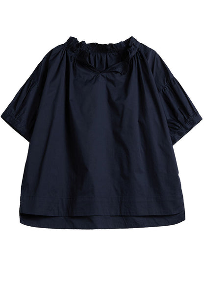 Loose Navy Ruffled Color Cotton Shirt Tops Short Sleeve