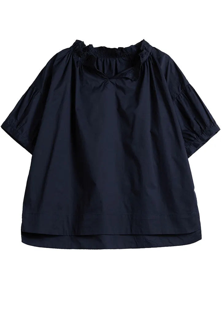 Loose Navy Ruffled Color Cotton Shirt Tops Short Sleeve