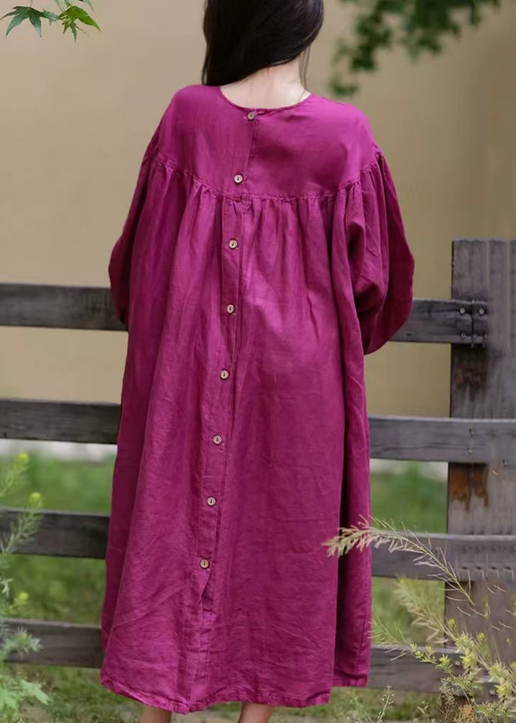 Loose Rose O Neck Button Cotton Long Dress Fall