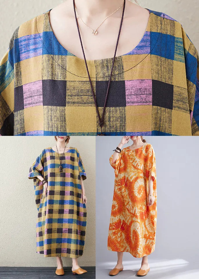 Yellow Plaid O-neck Long Dress Summer