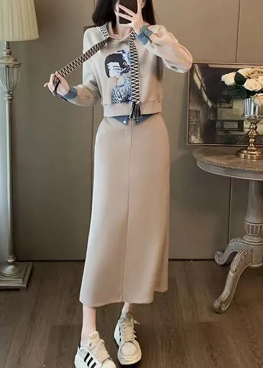 Hooded Print Sweatshirt and Skirts Cotton Two Pieces Set Long Sleeve