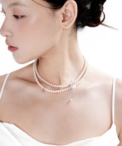 White Light Swallow Pearl Double Layered Alloy Necklace