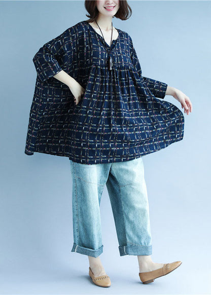 Navy V Neck Print Patchwork Fall Shirt Three Quarter Sleeve