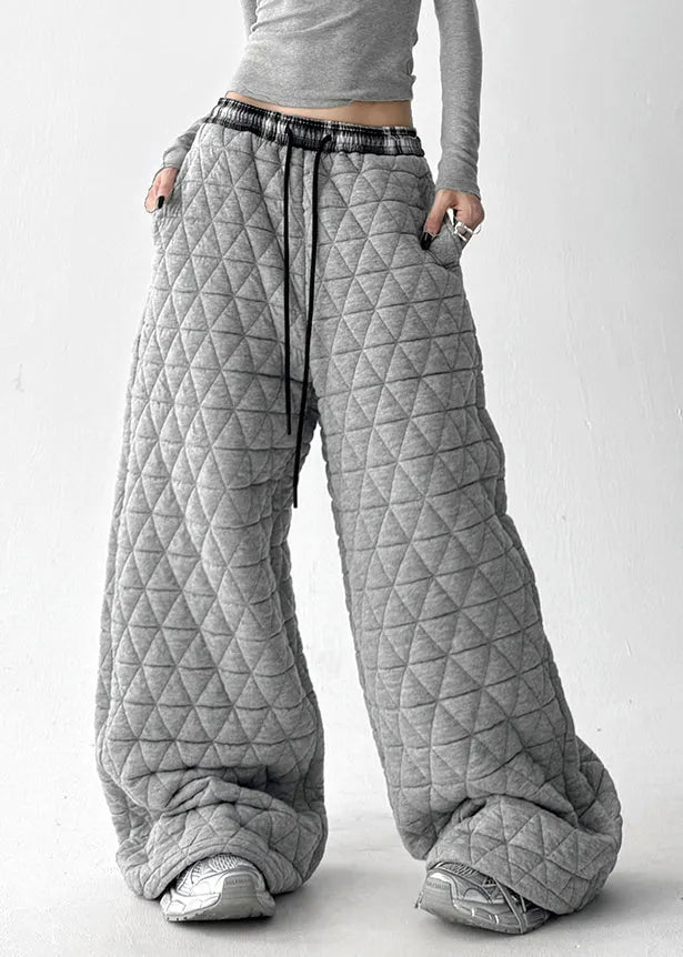 Grey Pockets Cotton Filled Wide Leg Pants Elastic Waist