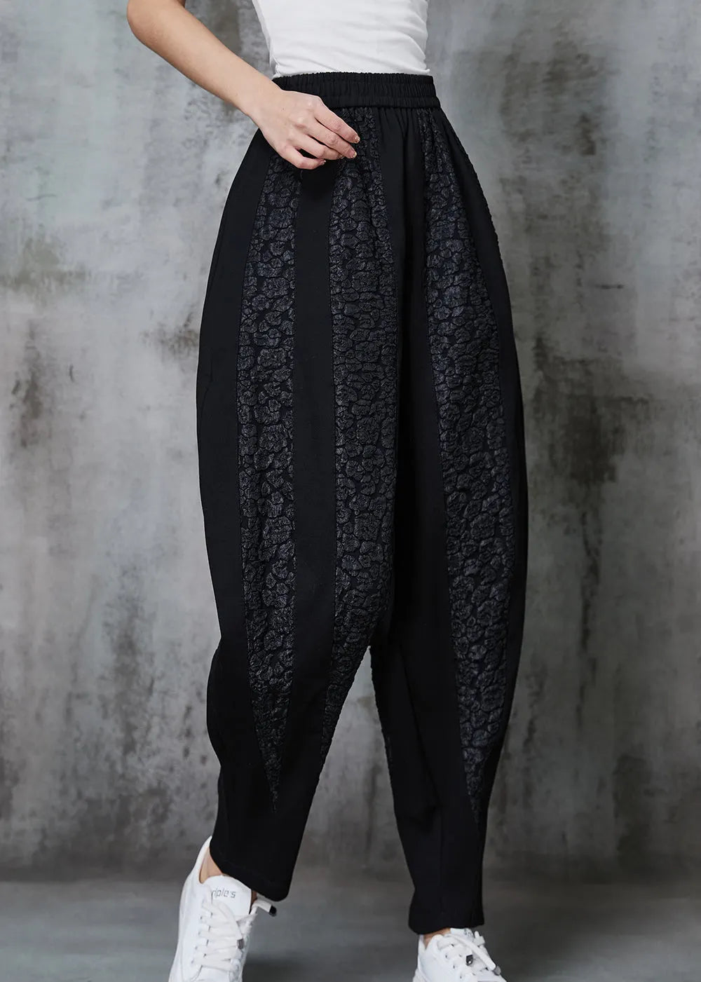 Black Oversized Patchwork Jacquard Cotton Pants Spring