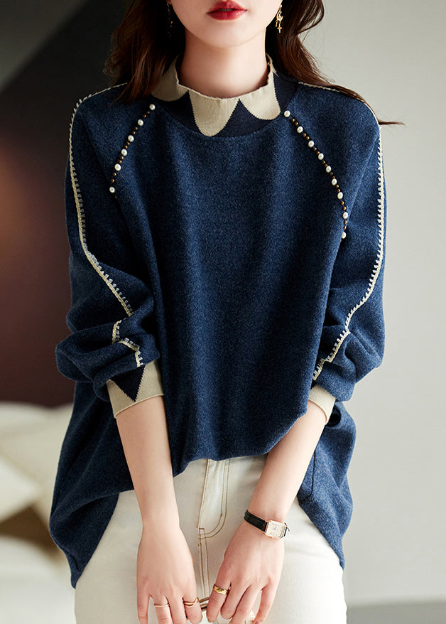 Navy Nail Bead Thick Patchwork Woolen Knitted Tops Winter