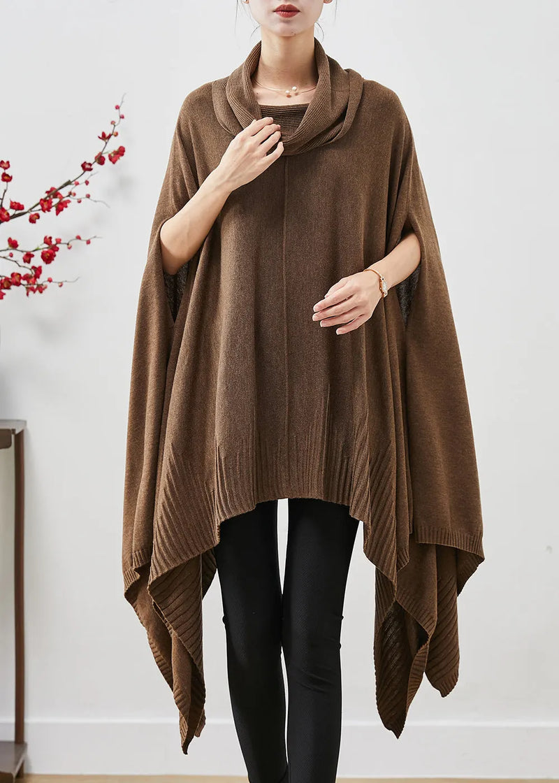 Brown Turtle Neck Asymmetrical Exra Large Hem Knit Sweater Dress Cloak Sleeves