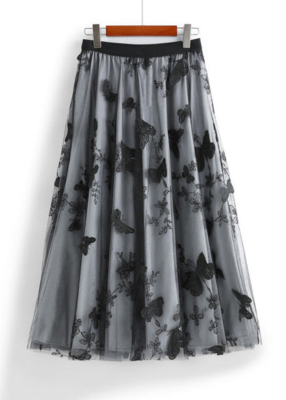 Apricot Butterfly Embroideried Elastic Waist Tulle a Line Skirts Spring