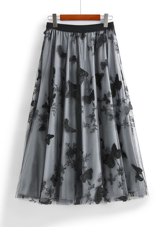 Apricot Butterfly Embroideried Elastic Waist Tulle a Line Skirts Spring