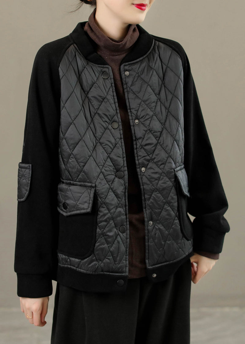 French Coffee O-neck Patchwork Button Thick Coats Long Sleeve