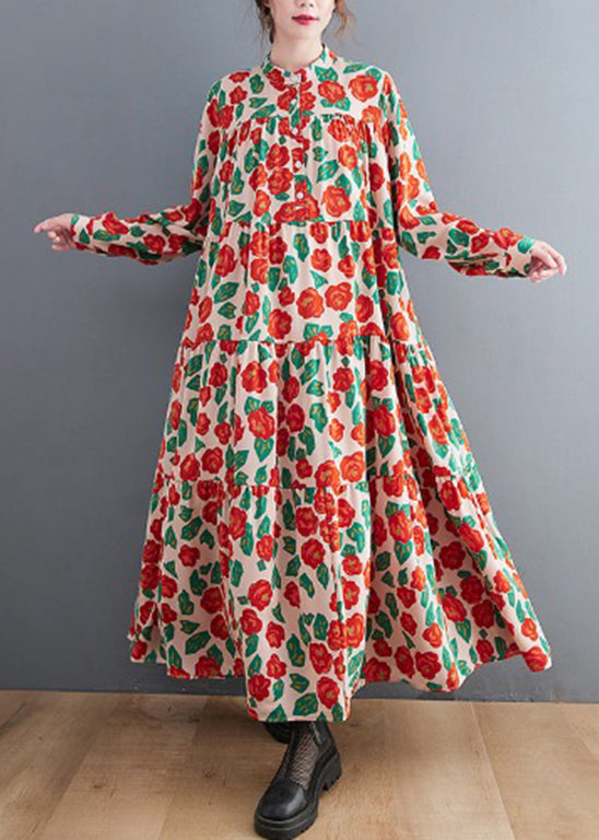 Red Button Stand Collar Shirt Dresses Long Sleeve