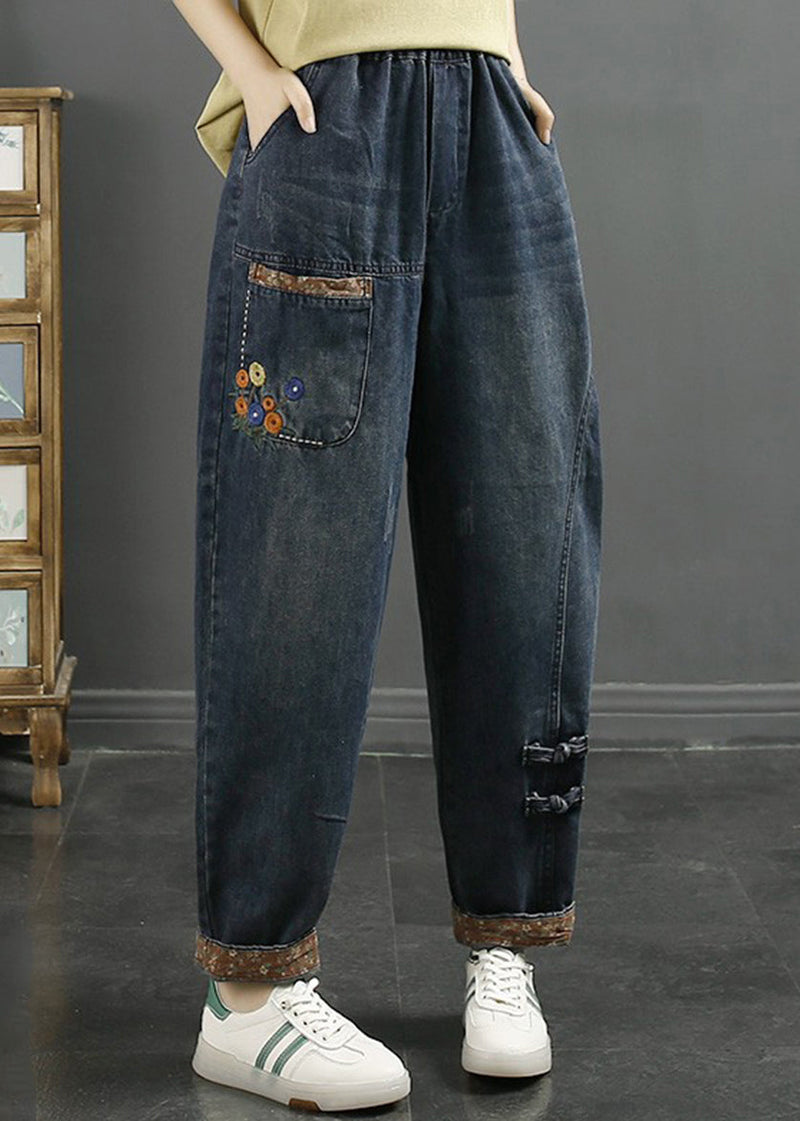Loose Denim Blue Embroideried Pockets Elastic Waist Jeans Fall