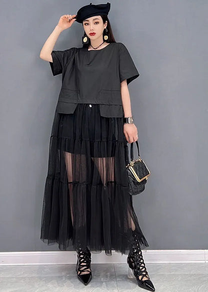 Black O-neck Patchwork Tulle Long Dress Short Sleeve