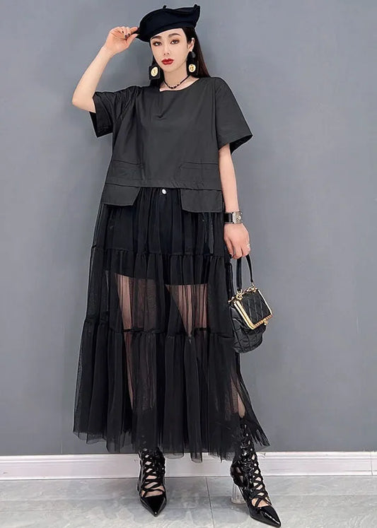 Black O-neck Patchwork Tulle Long Dress Short Sleeve