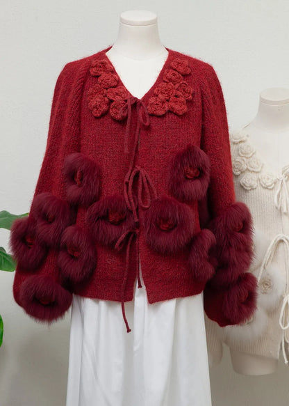 Beige Lace Up Fox Fur Patchwork Knit Coats Winter