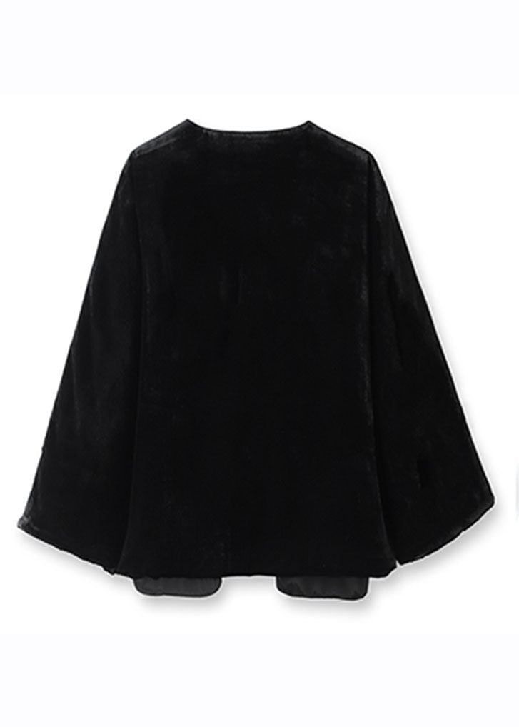 Black Embroideried Button Silk Velour Parka Winter