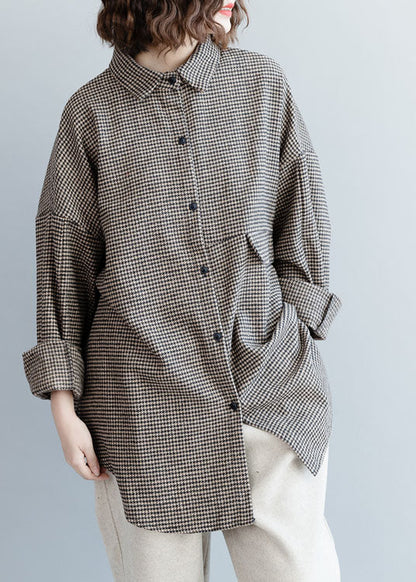 Chocolate Peter Pan Collar Plaid Woolen Top Spring