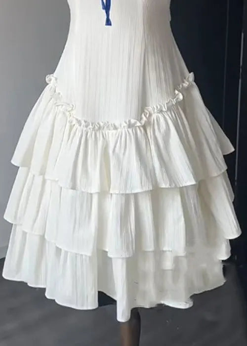 French White Ruffled Lace Up Cotton Dress Sleeveless