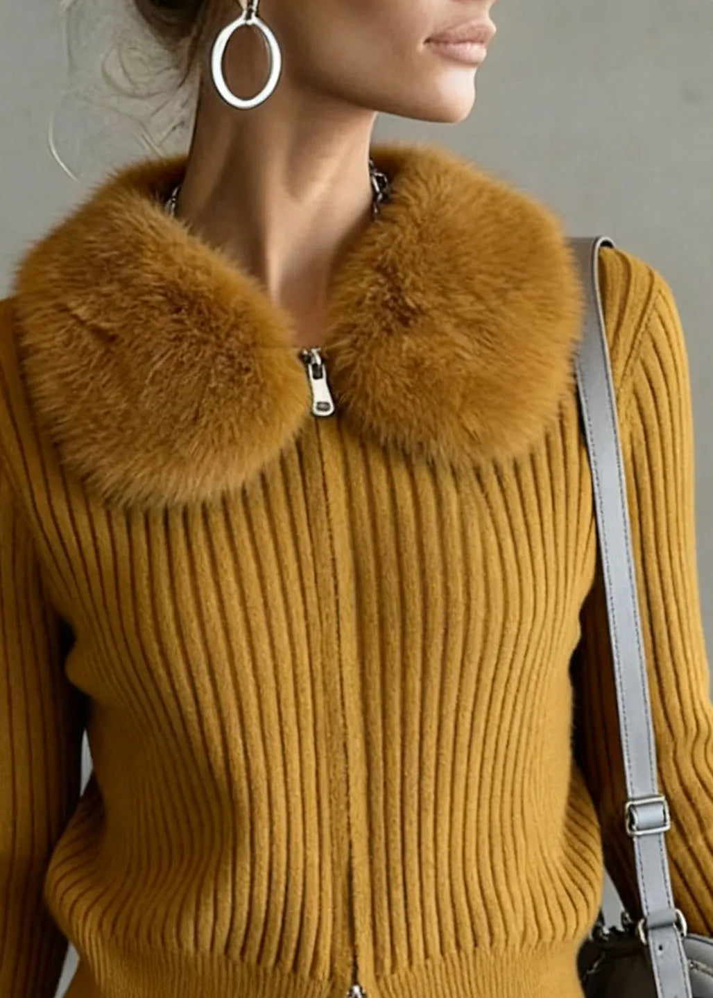 Ginger Yellow Fur Collar Double Zip Up Knit Coat