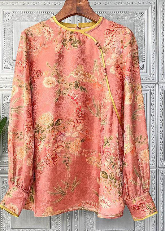 Handmade Orange O-neck Button Patchwork Chiffon Blouse Tops Long Sleeve