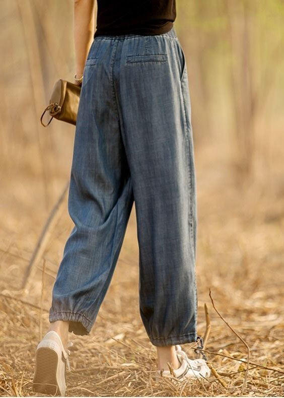 Denim Blue Elastic Waist Drawstring Draping Cotton Beam Pants Trousers Summer