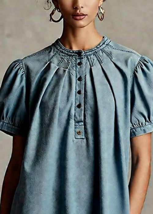 Light Blue O Neck Wrinkled Denim Top Short Sleeve