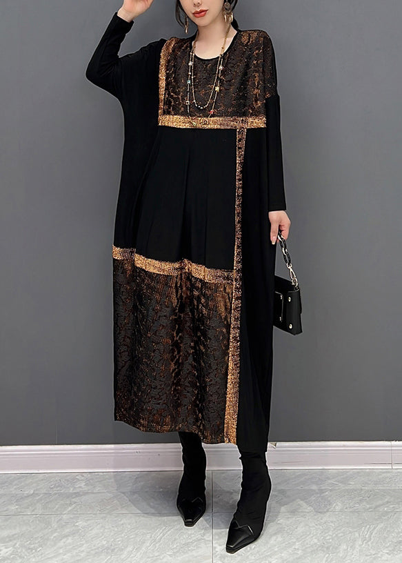 Black O Neck Organza Patchwork Cotton Dress Fall