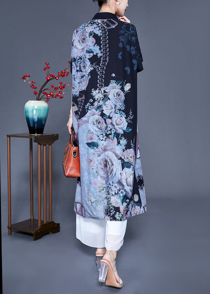 Black Peter Pan Collar Print Draping Silk Shirt Dress Summer