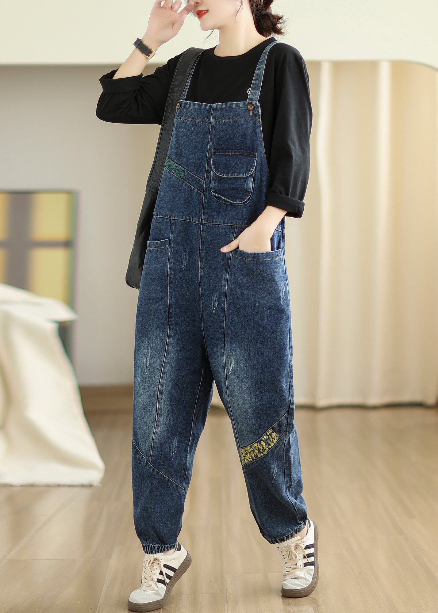 Diy Navy Embroideried Patchwork Denim Jumpsuits Spring