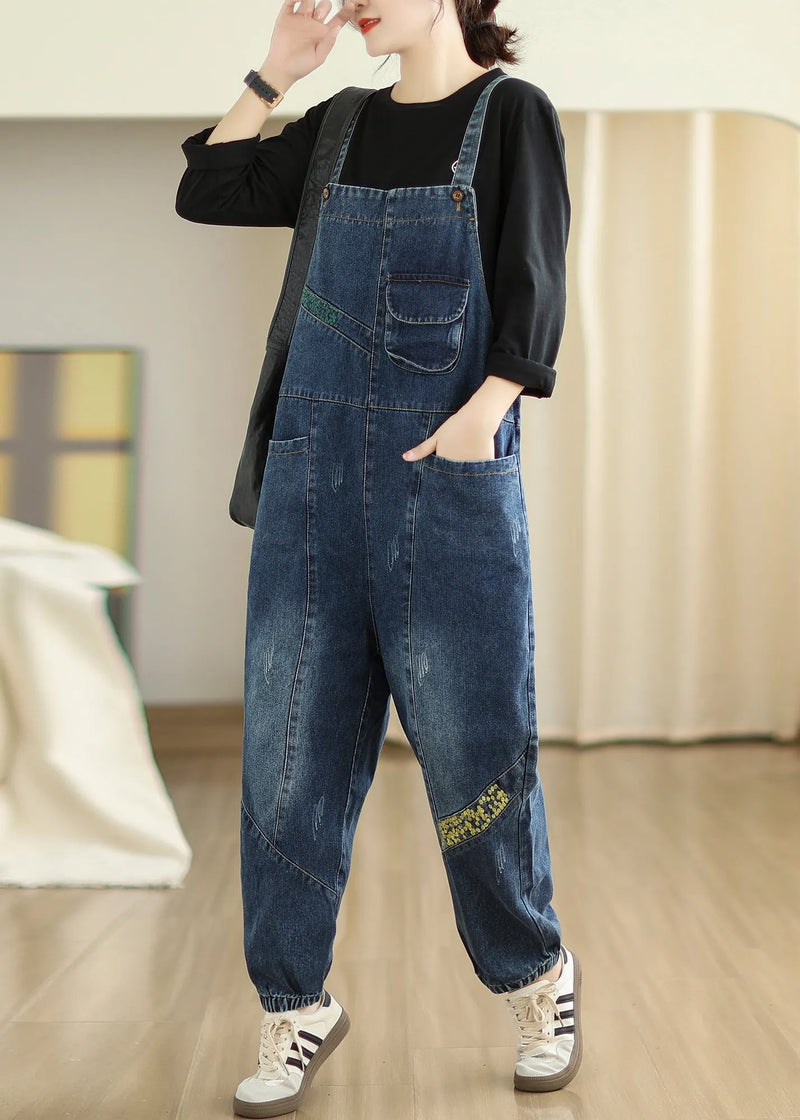 Diy Navy Embroideried Patchwork Denim Jumpsuits Spring