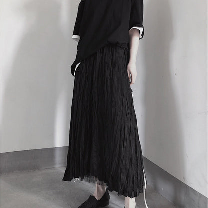 Black Pleated Double Layer Design With Elastic Waist Skirt on Both Sides