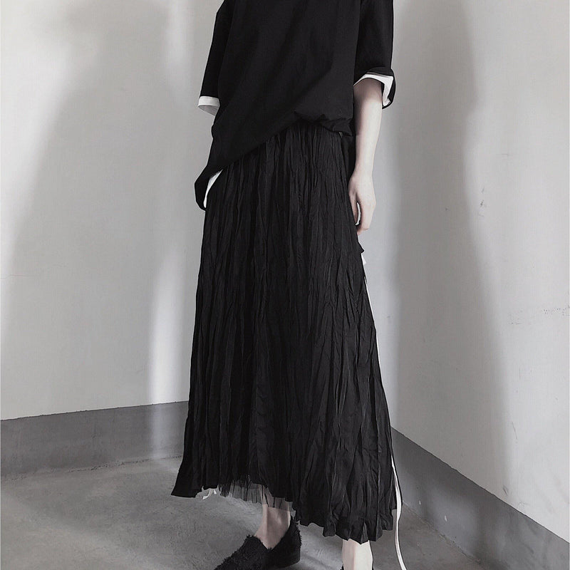 Black Pleated Double Layer Design With Elastic Waist Skirt on Both Sides