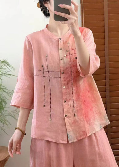 Red Stand Collar Tie Dye Patchwork Linen Shirt Bracelet Sleeve