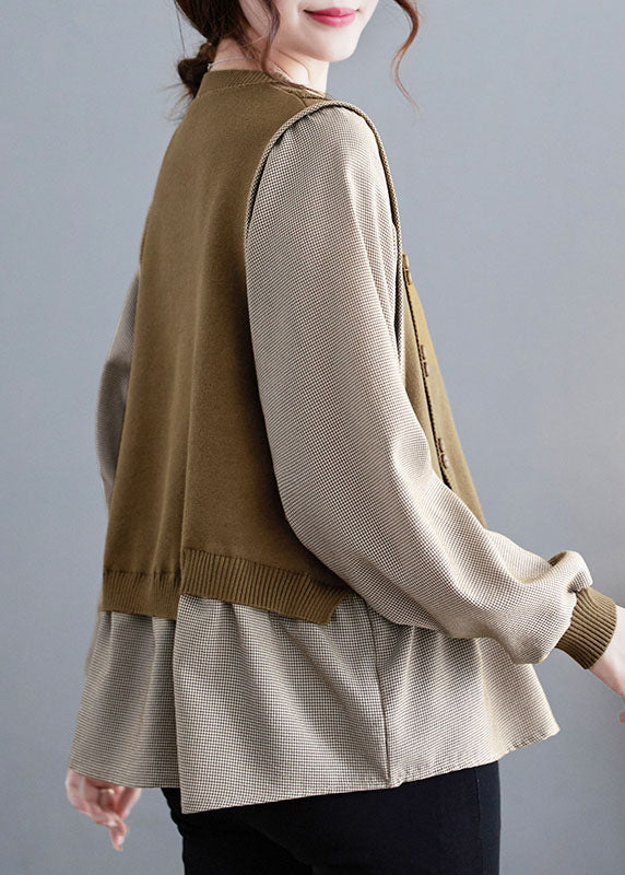 Modern Camel O-neck Knit Patchwork Top Fall