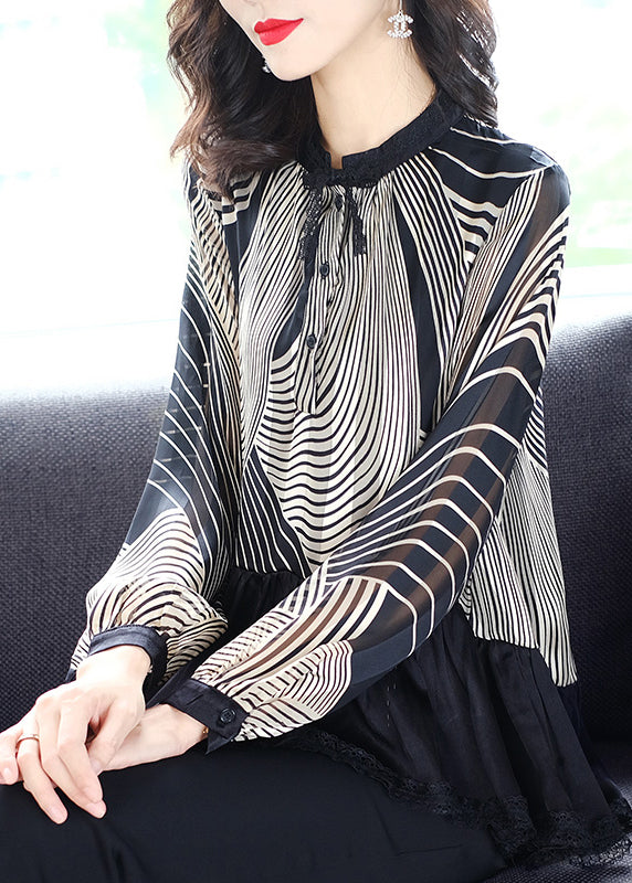 Black Stand Collar Patchwork Striped Button Chiffon Shirts Long Sleeve