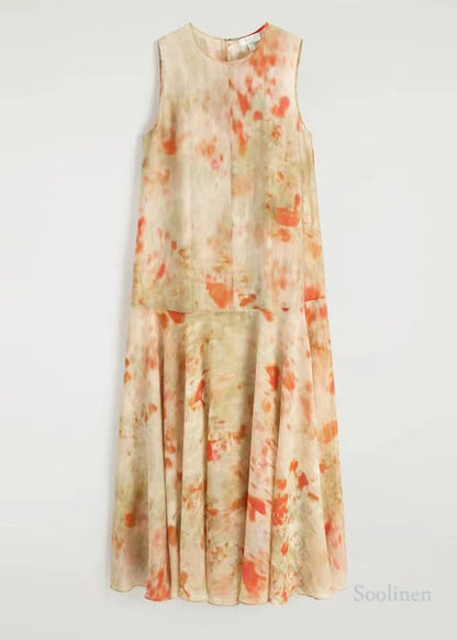 French Beige Tie Dye Chiffon Party Dress Sleeveless