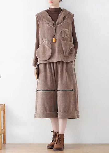 Khaki Velour Hooded Waistcoat and Crop Pants Two Pieces Set Fall