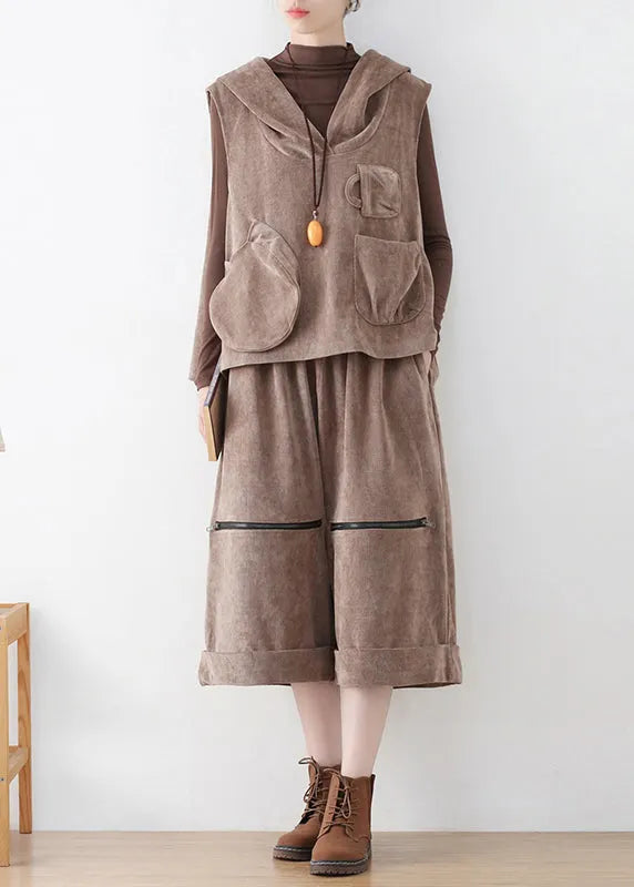 Khaki Velour Hooded Waistcoat and Crop Pants Two Pieces Set Fall