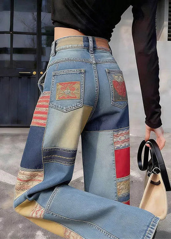 Blue Pockets Patchwork High Waist Wide Leg Jeans