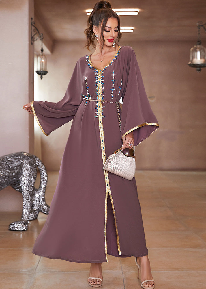 Purple Lace Patchwork Chiffon Robe Dresses Long Sleeve