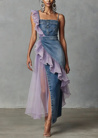 Blue Ruffled Patchwork Denim Spaghetti Strap Dress Summer