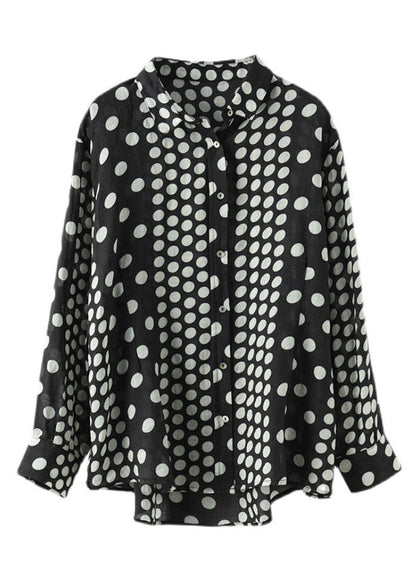 Black Peter Pan Collar Dot Button Linen Shirt Long Sleeve