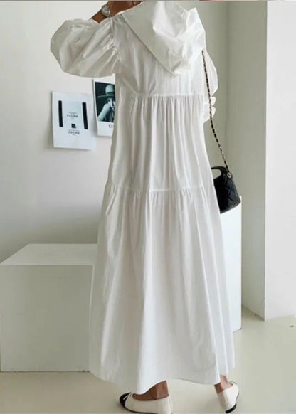 White Hooded Patchwork Cotton Maxi Dress Spring