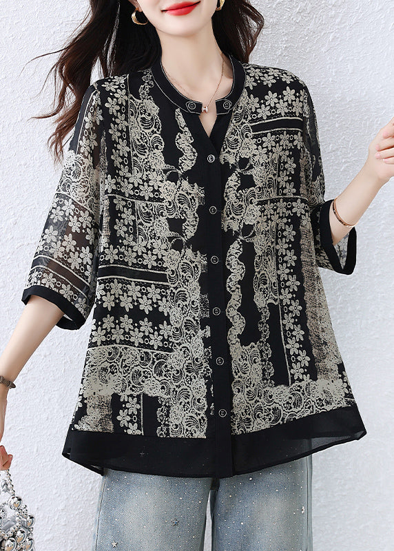 Black O-neck Print Button Shirts Fall