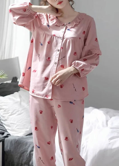 Art Pink Lace Print Button Cotton Pajamas Two Pieces Set Fall