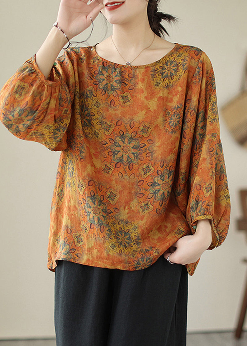 Lus Size Orange Oversized Print Cotton Shirt Tops Lantern Sleeve